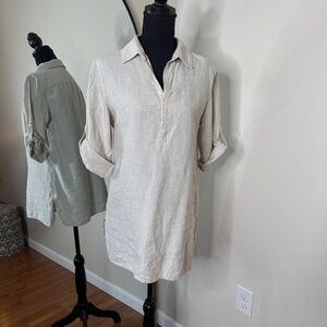 Jones New York Linen Tunic Shirt Roll Sleeve Beige Size S